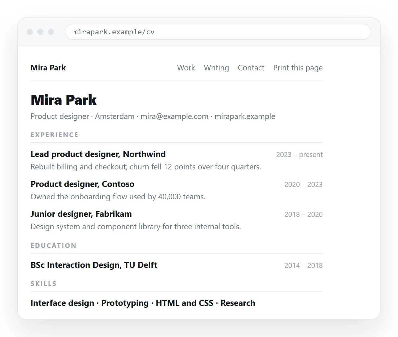 An HTML resume open in a browser, one column, headings and dates aligned.