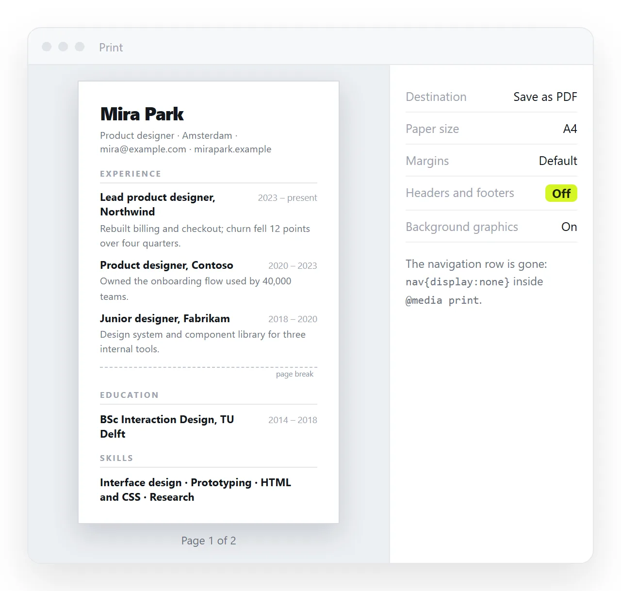 The browser print preview of the resume, with navigation hidden and a page break between sections.