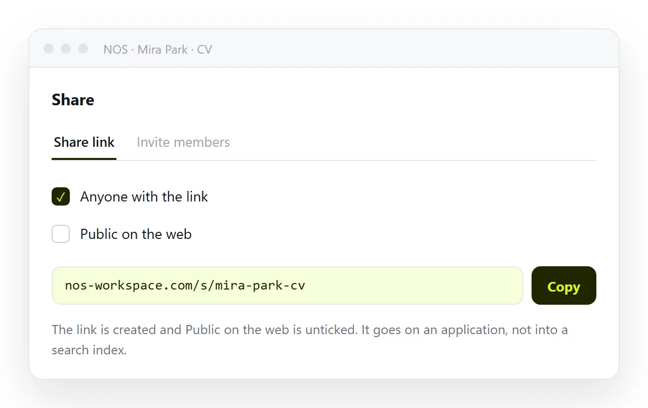 The share panel with the resume link created and Public on the web unticked.