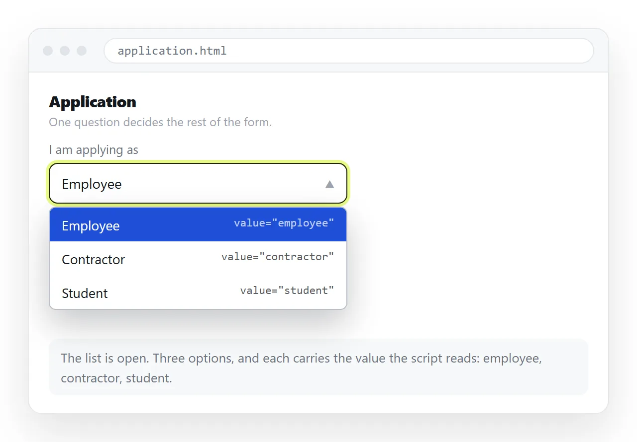 The select expanded, showing the three options with their values.