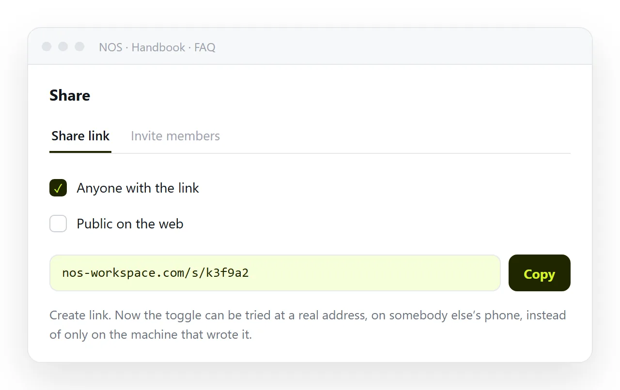 Creating a share link for the document so the toggle can be tested at its real address.