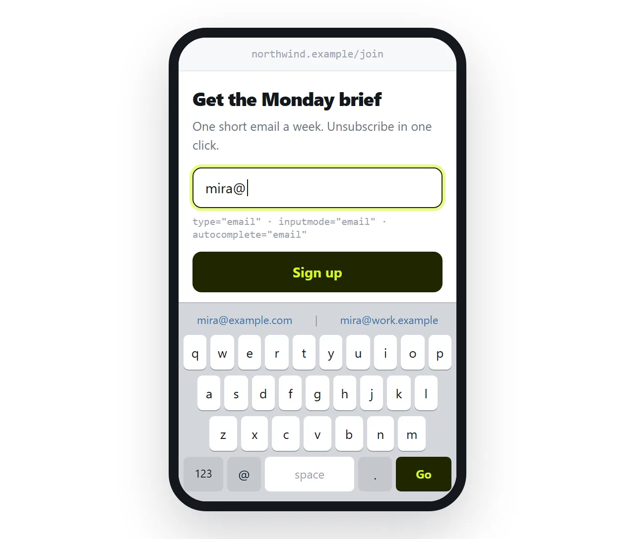 The signup form at phone width with the email field focused.