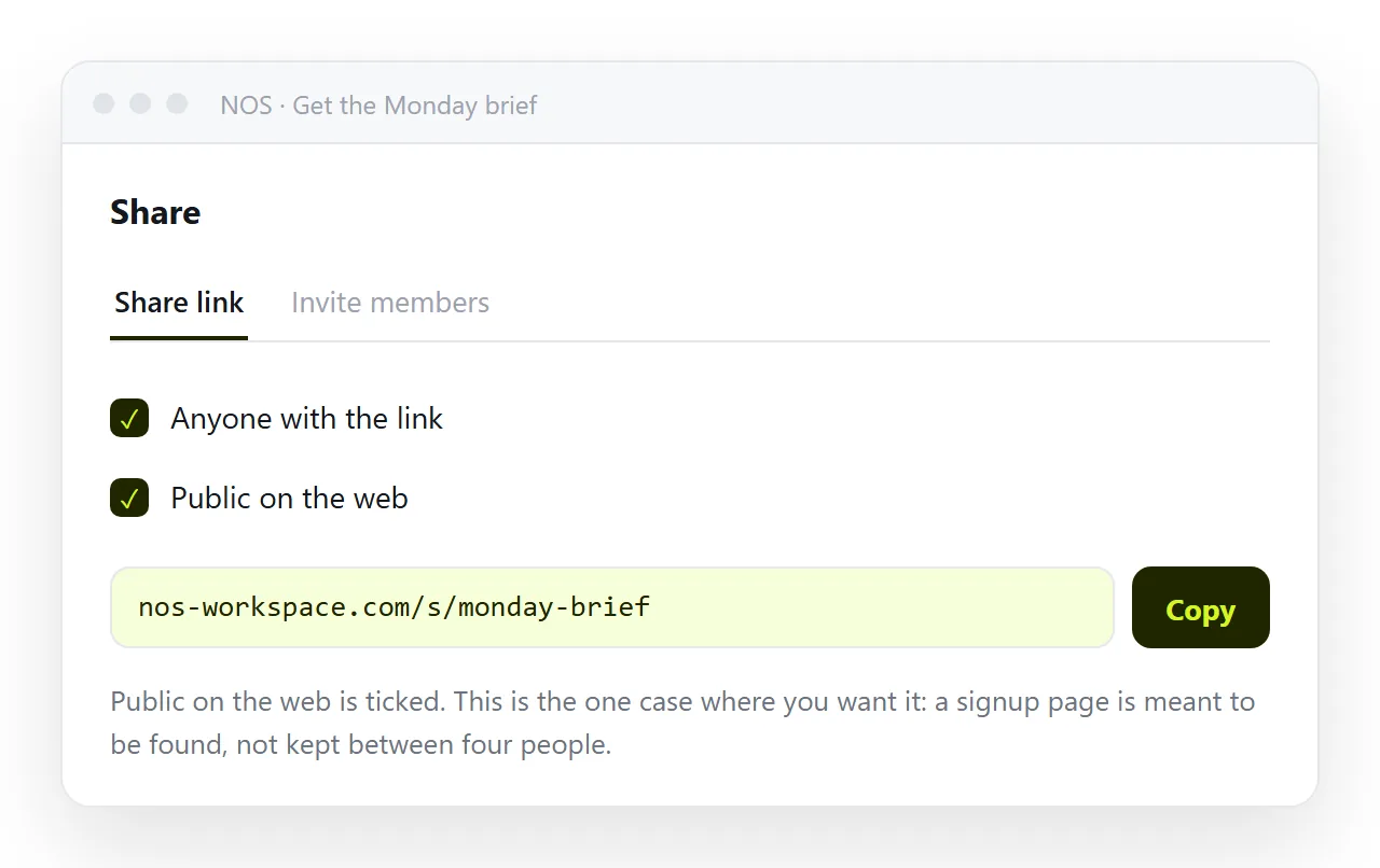 Creating the share link with Public on the web ticked for a page meant to be found.