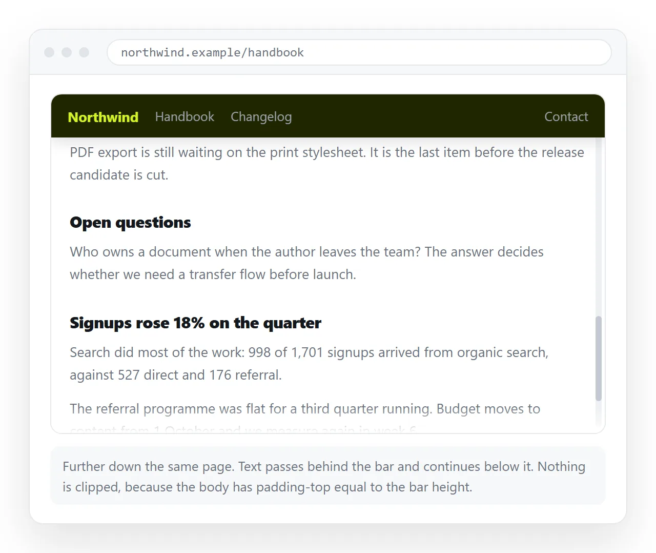 The same header pinned in place with body text scrolling behind and below it.