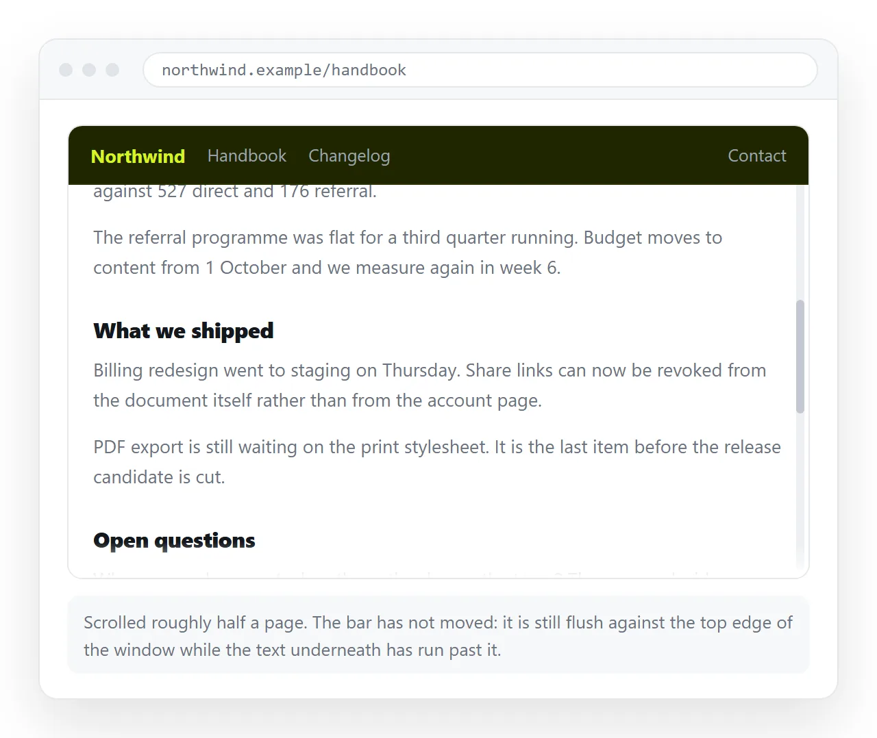 A page scrolled halfway down, with the header still visible at the top edge.