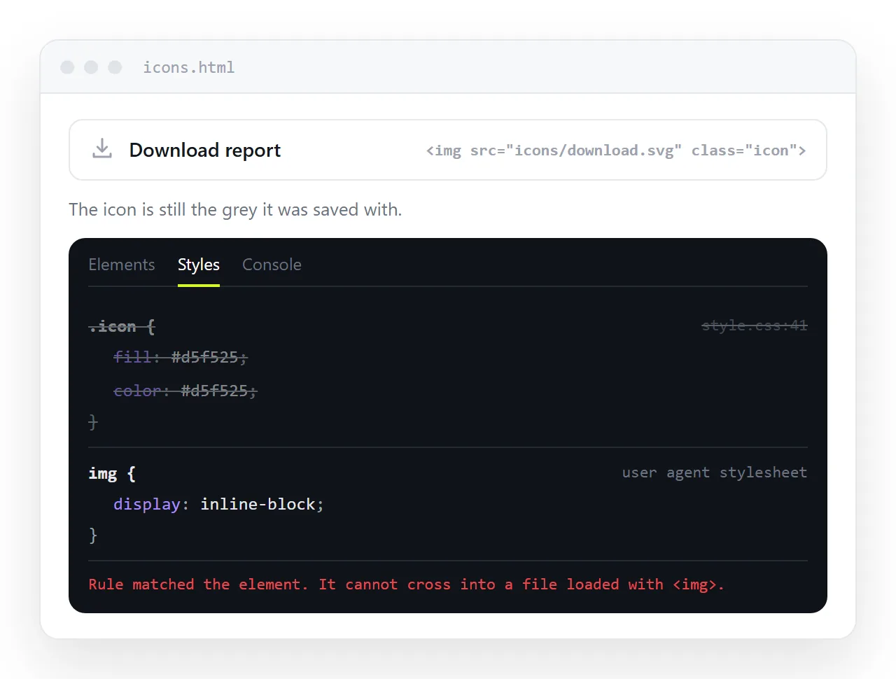 An SVG icon loaded with an img tag. The CSS rule targeting it is shown crossed out in dev tools, with the icon unchanged.