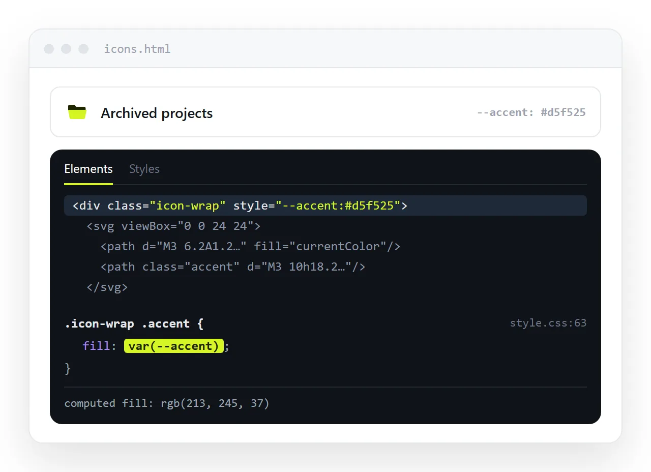 Dev tools showing an icon wrapper with a custom property set, and the accent path picking up the new value.