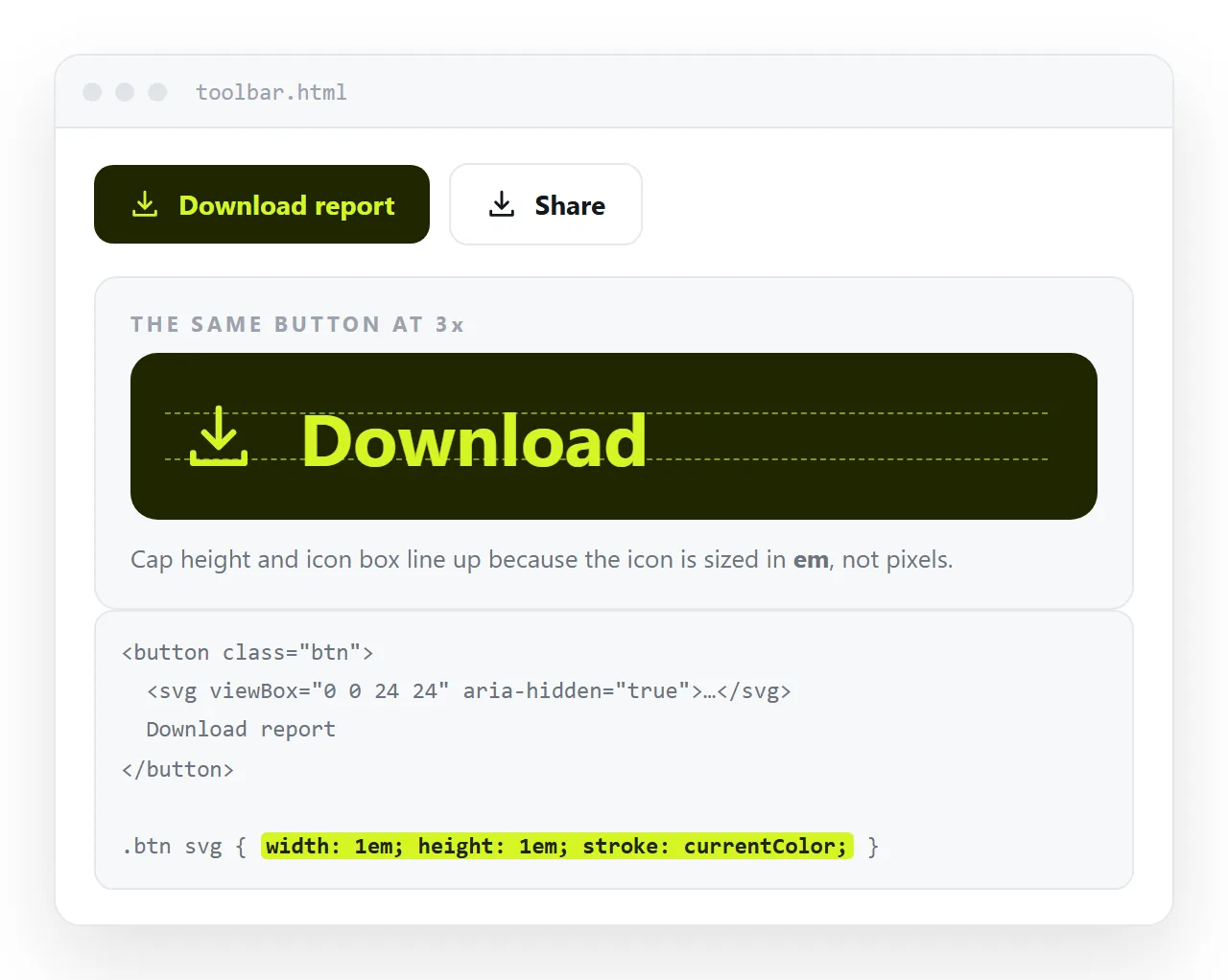 A button containing an inline SVG icon and a text label, with the icon matching the label colour and height.
