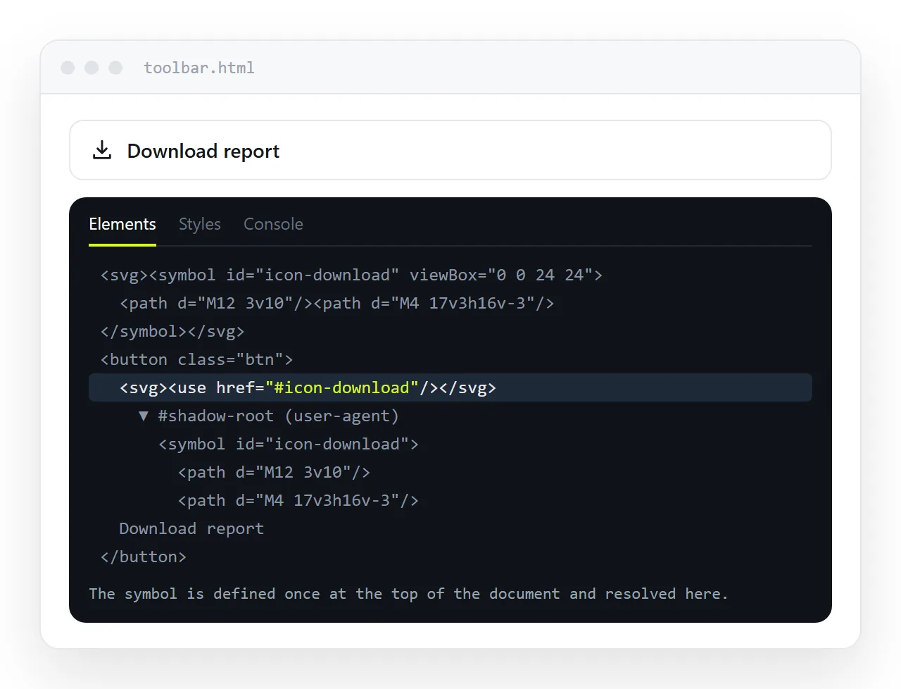 Dev tools with a use element selected, showing the shadow content resolved from the symbol defined earlier in the document.