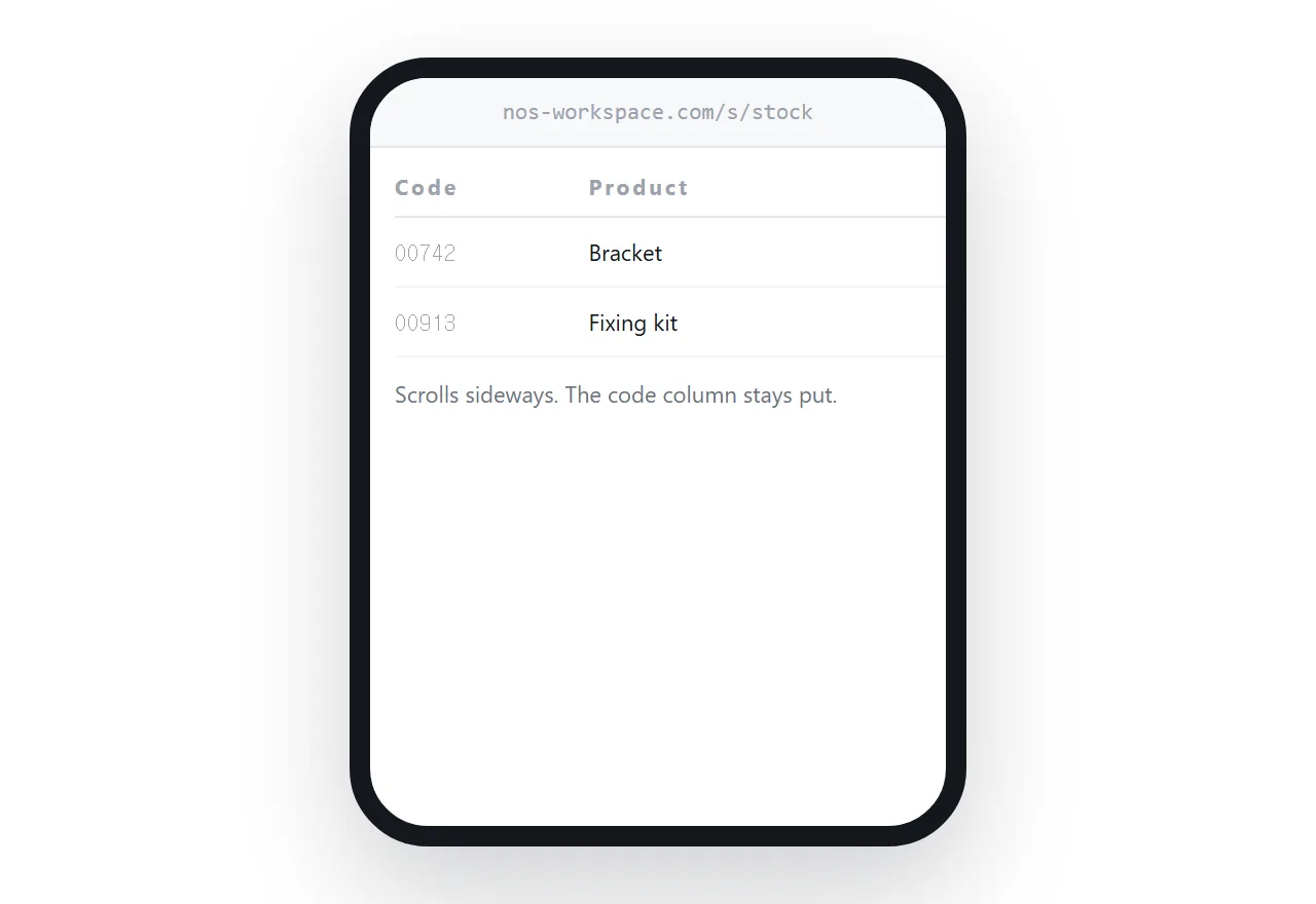 A wide table on a phone scrolling sideways with the first column held in place.