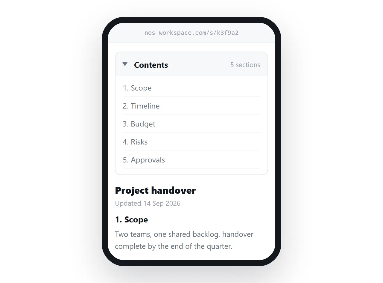 The same table of contents on a phone, collapsed into a details element at the top of the page.