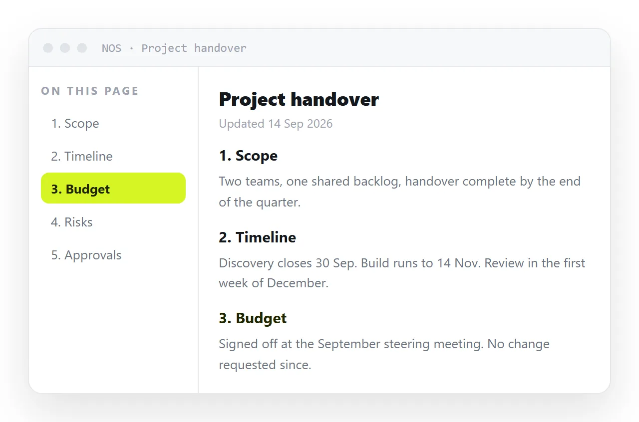 A long document with a table of contents in a sidebar, the current section highlighted.