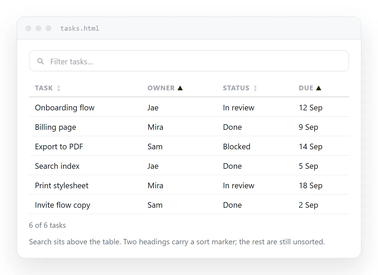 A table with a search input above it and arrow markers on two of the column headings.