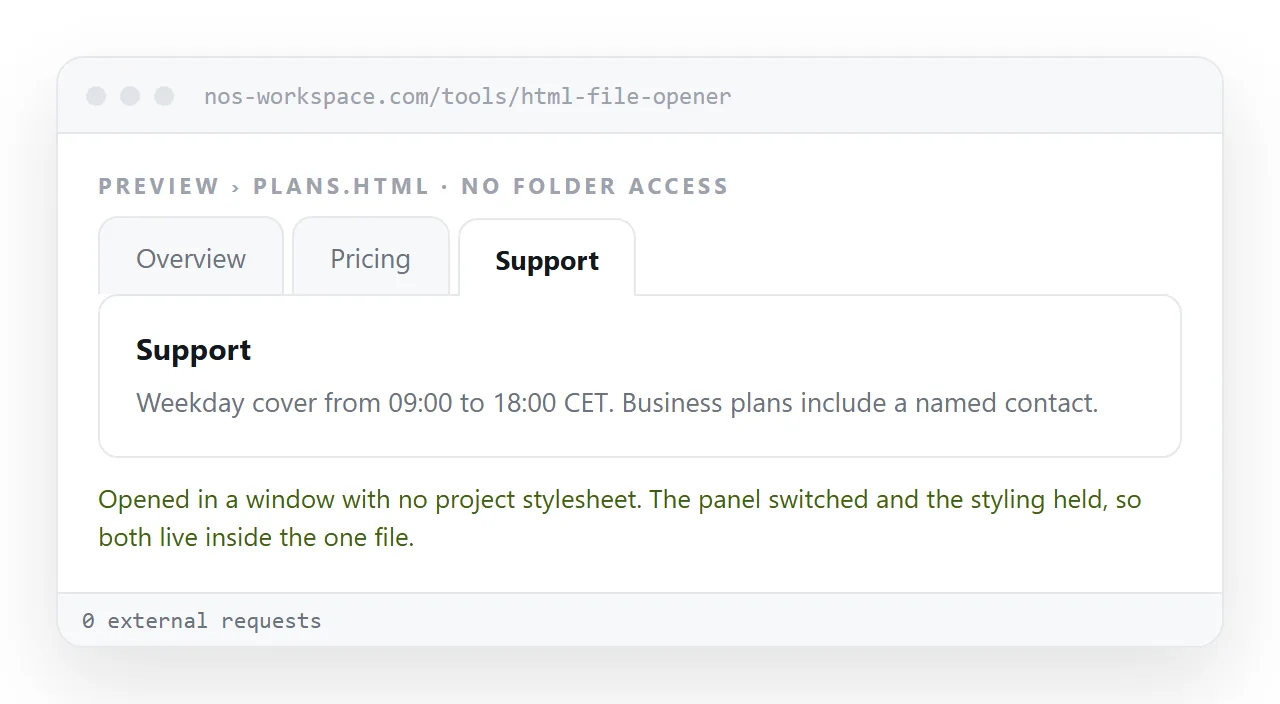 The tab page in the HTML file opener with a panel switched and the styling intact.