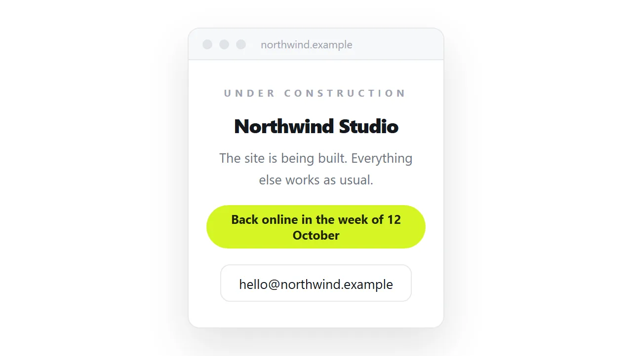 The under construction page in a narrow window, still centred and readable.