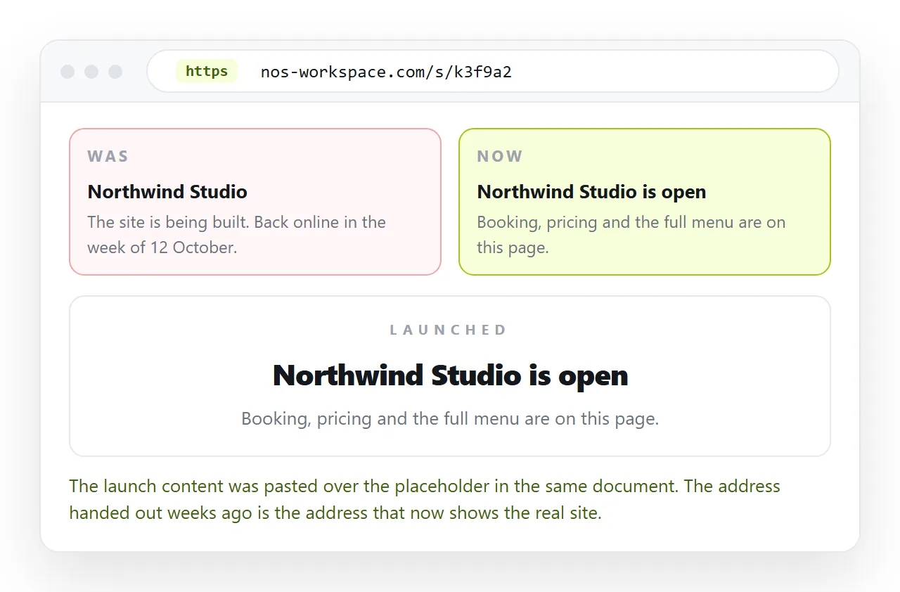 The launch page pasted over the placeholder content in the same document, at the same address.