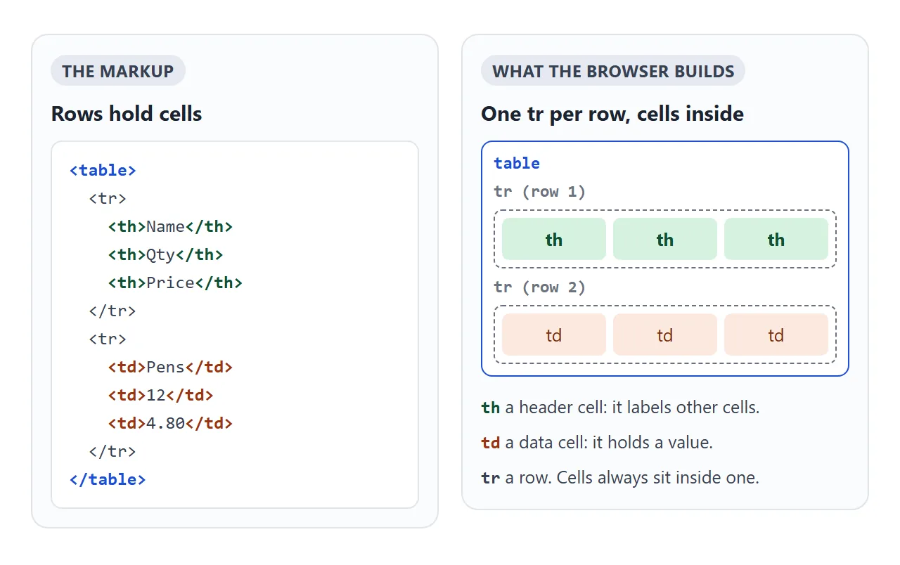 The markup on the left, and the rows and cells the browser builds from it on the right.