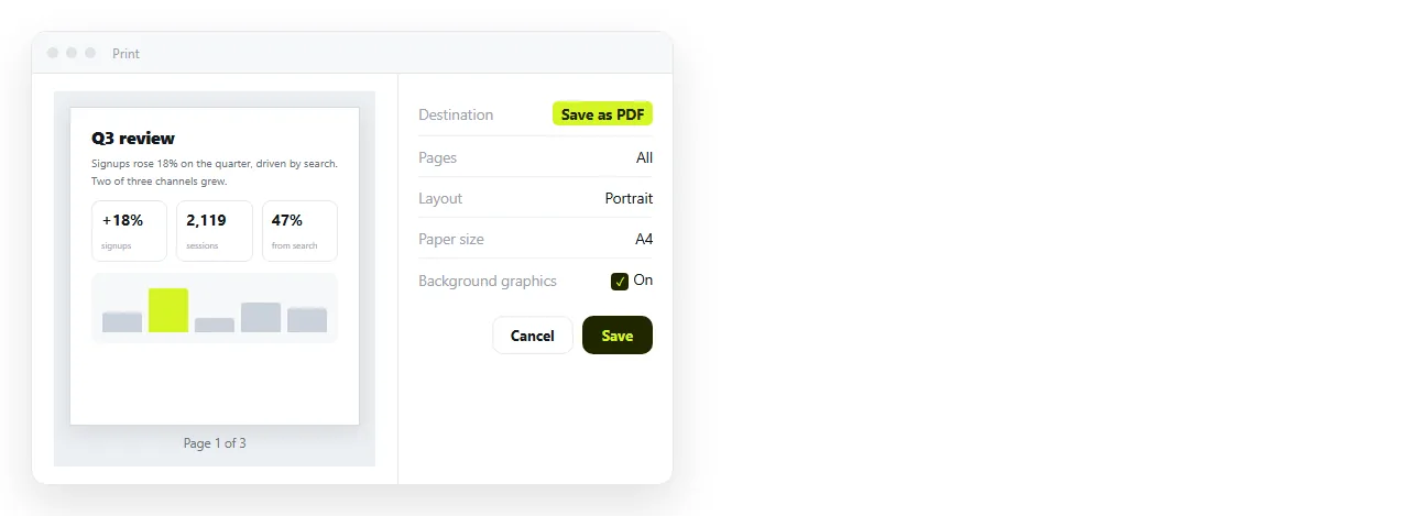 Chrome's built in print dialog with Save as PDF selected as the destination.