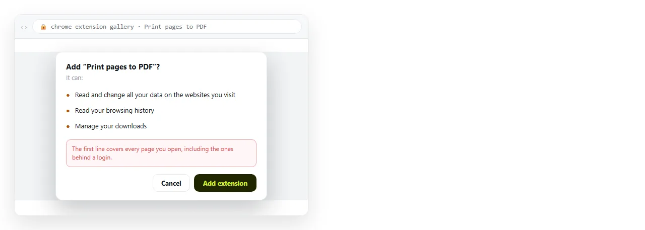 The Chrome install prompt showing the permissions an extension is requesting.