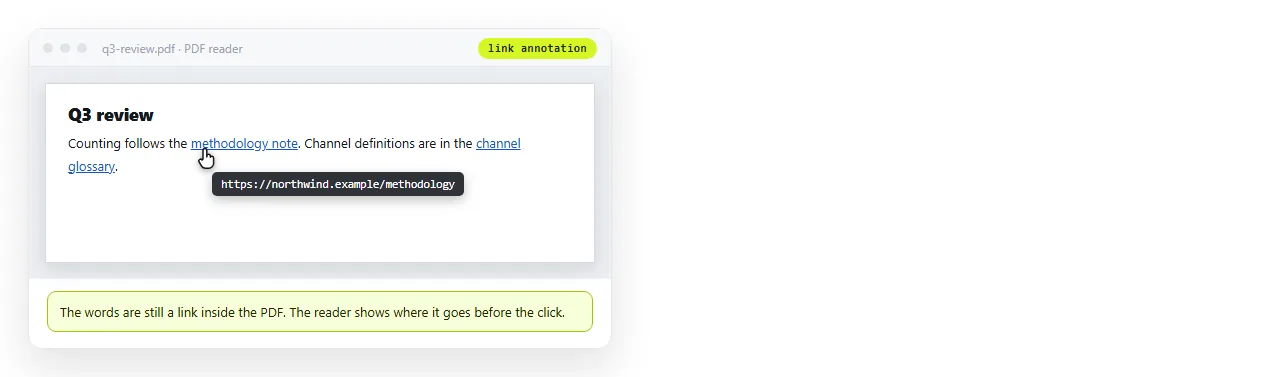A link in the exported PDF, with the reader showing the target address on hover.