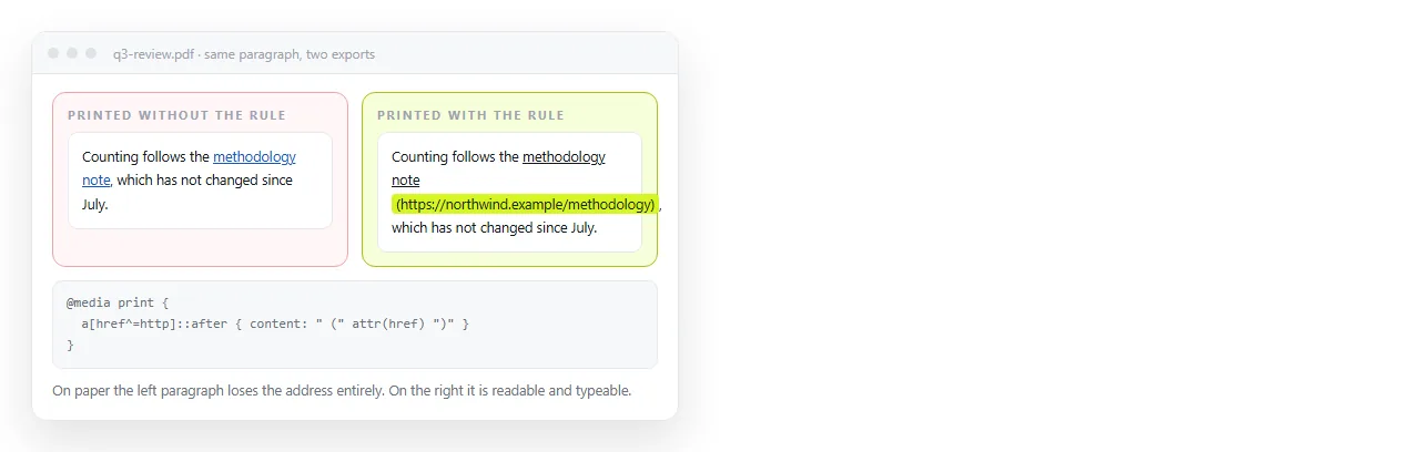 The same paragraph before and after the print rule, showing the address written out in brackets.