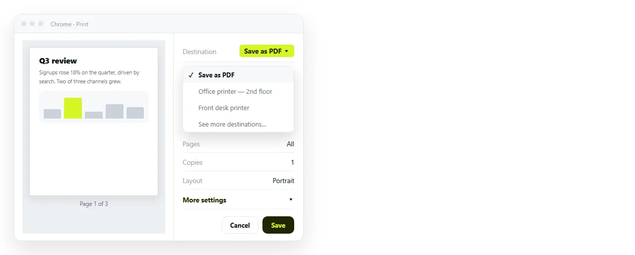The print dialog with the destination set to Save as PDF.