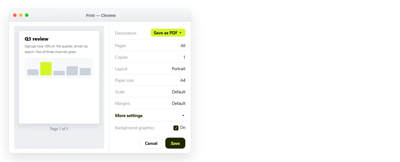 The Chrome print dialog on macOS with More settings open.
