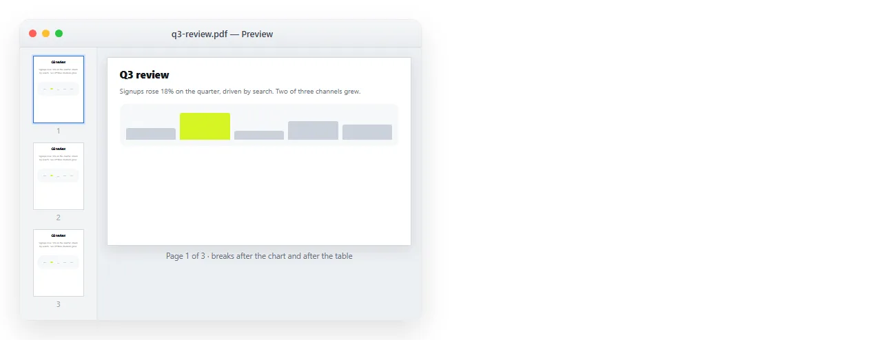 The exported PDF open in Preview with the thumbnail sidebar showing page breaks.