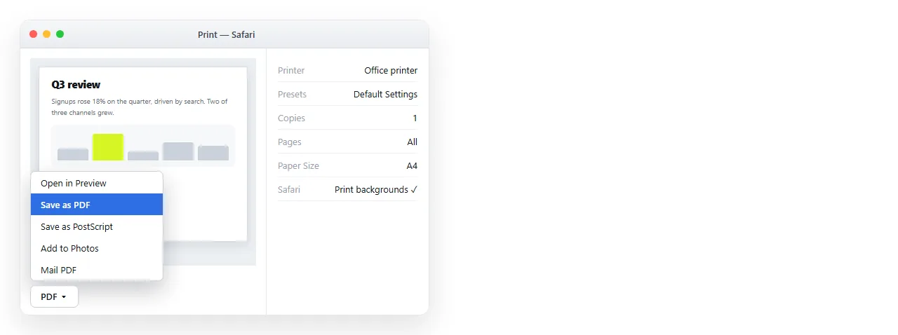 The macOS print sheet in Safari, with the PDF dropdown open at the bottom left.