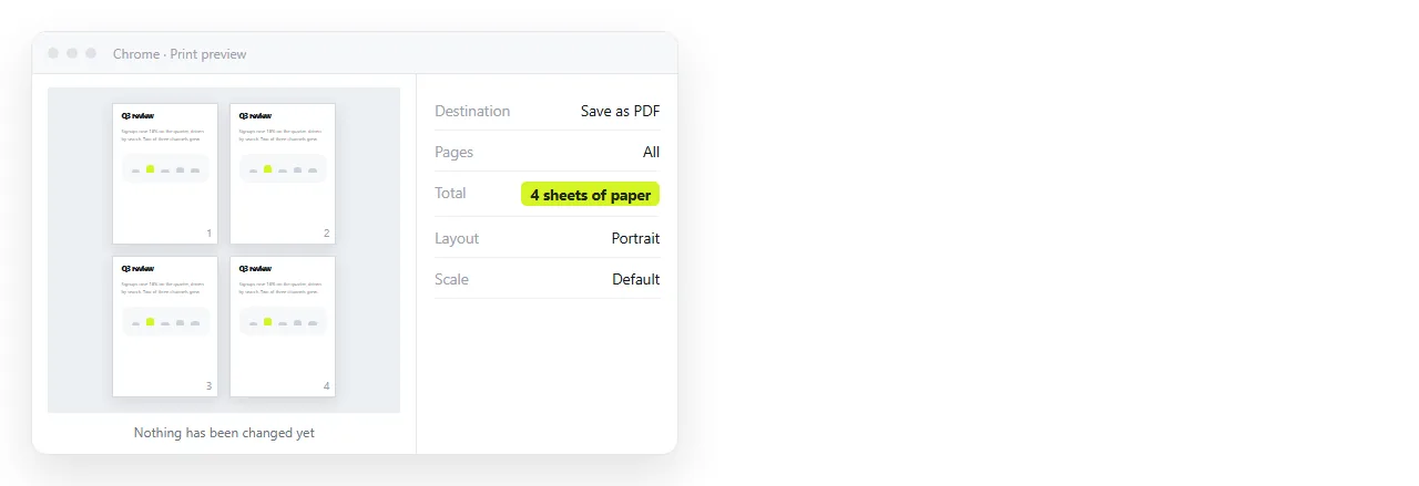 The print preview showing a page count, before any setting is changed.