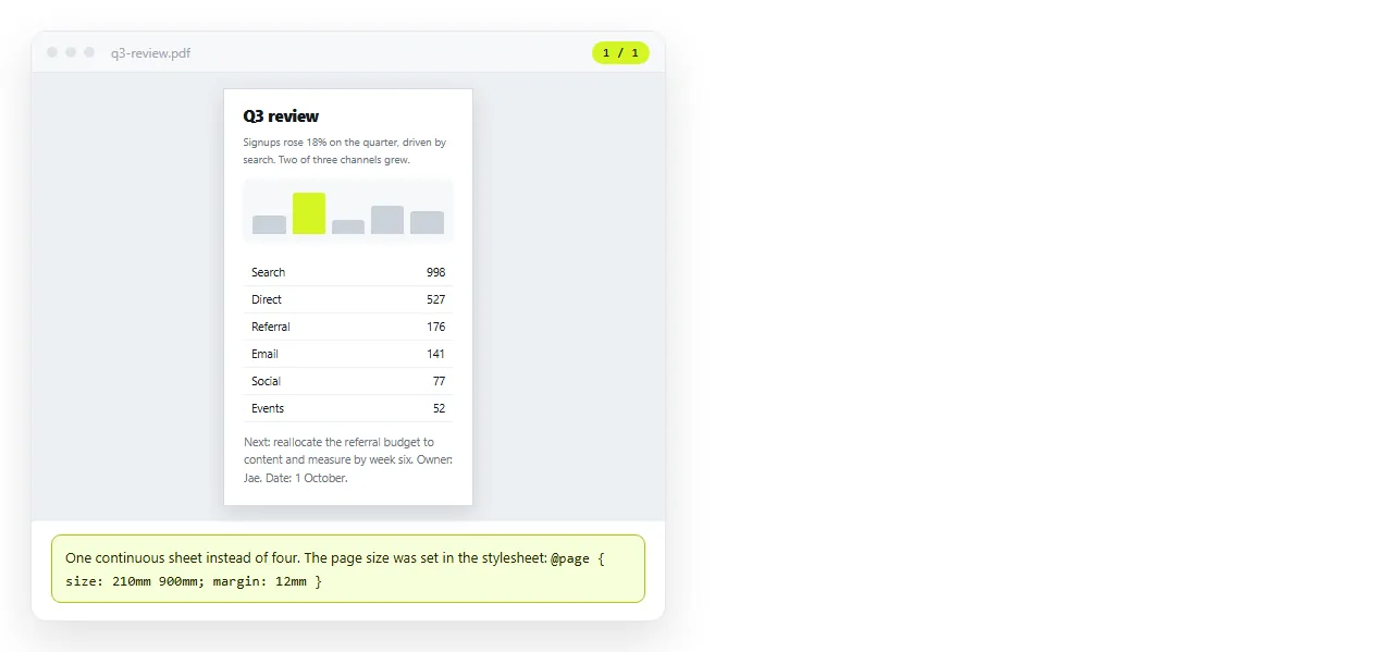 A PDF opened at a custom tall page size, one continuous sheet rather than four.
