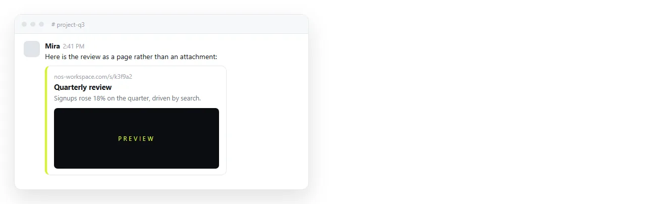 The link pasted into a chat, showing the preview card the page's own tags produce.