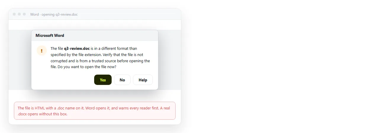 Word showing the file format warning when opening a doc file that contains HTML.
