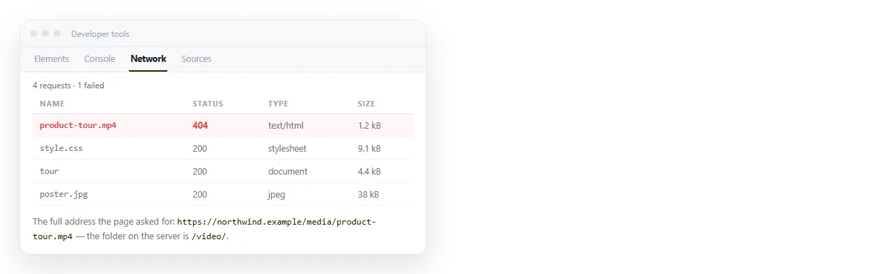 The network tab showing the video request in red with a 404 status and the full requested URL.
