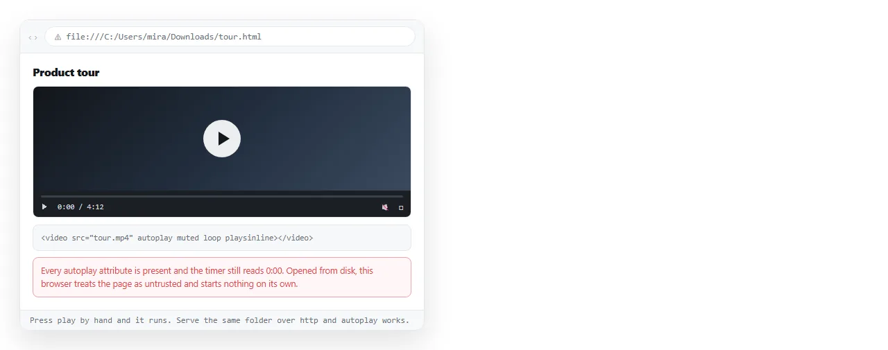 The page opened from disk. The video controls are present and playback does not begin.