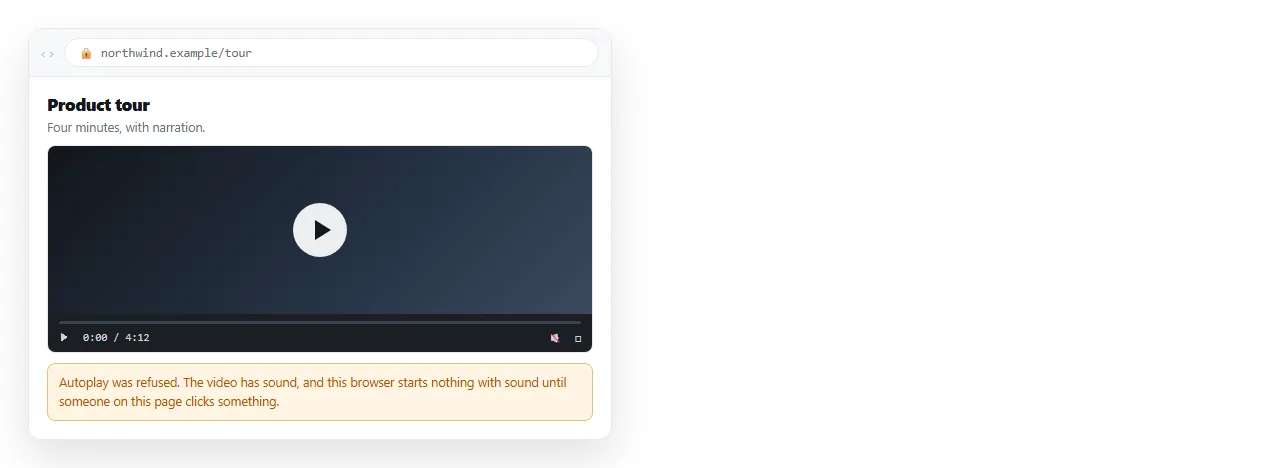 A video element sitting on its first frame with the play control showing. Autoplay was refused.