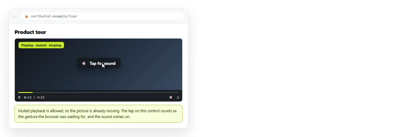The video playing muted with an unmute control over it. The click counts as a user gesture.