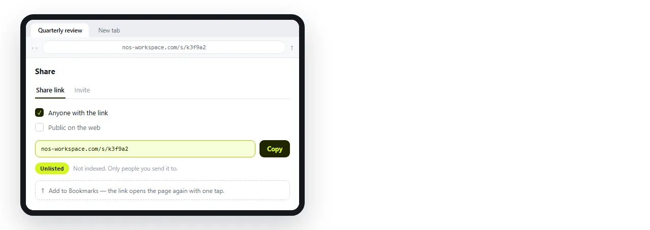The share dialog with a link created and unlisted, ready to bookmark on the iPad.