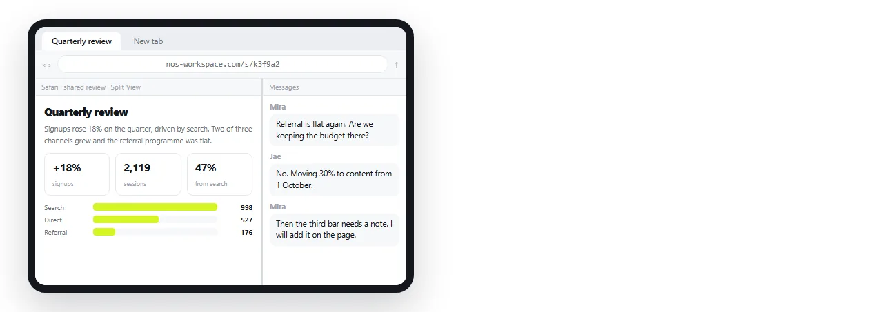 The shared page in Safari beside another app on the iPad during a review.