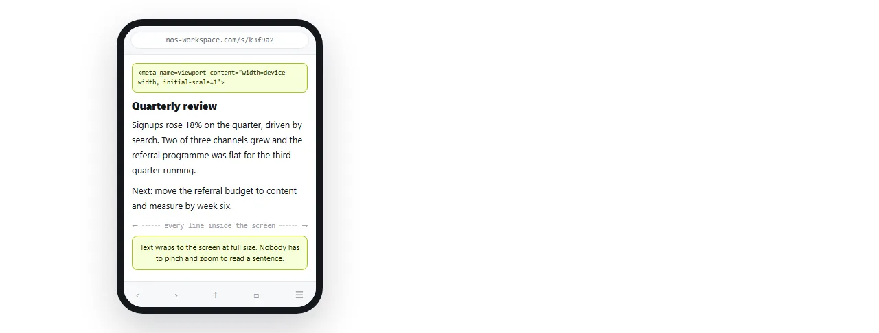 The same page with the viewport line present. Text wraps to the screen, no zooming.