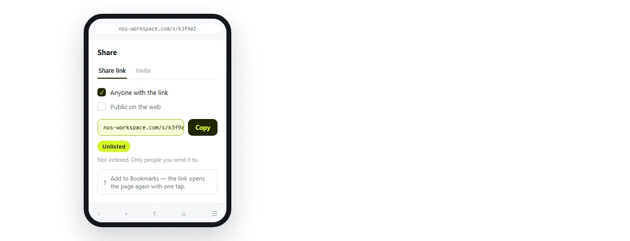 The share dialog with a link created, unlisted, ready to bookmark on the phone.
