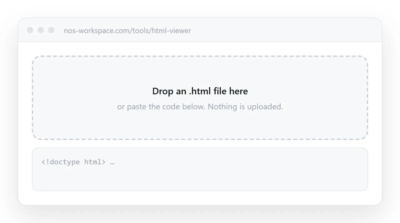 The HTML viewer: drop the file or paste the code. Nothing is uploaded.