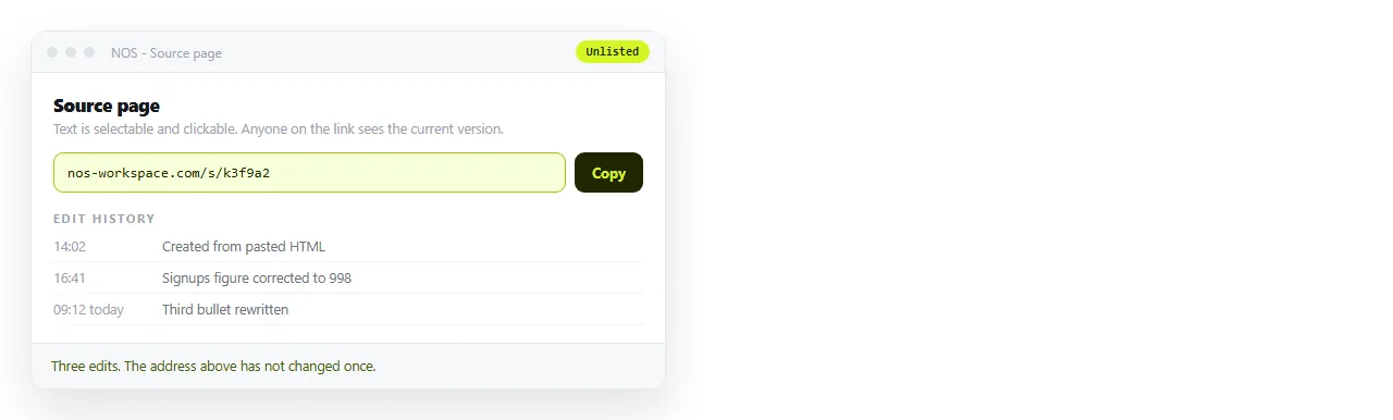 A source page kept as a document. The text stays clickable, and the address does not change after edits.