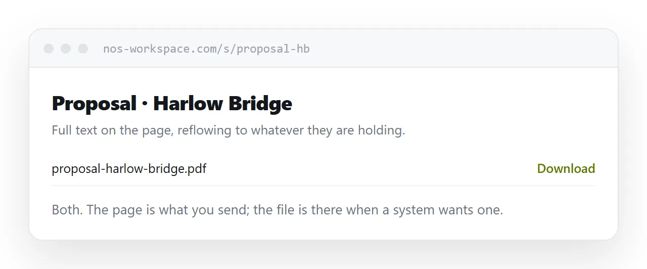 A proposal page with the PDF version available as a download beneath it.