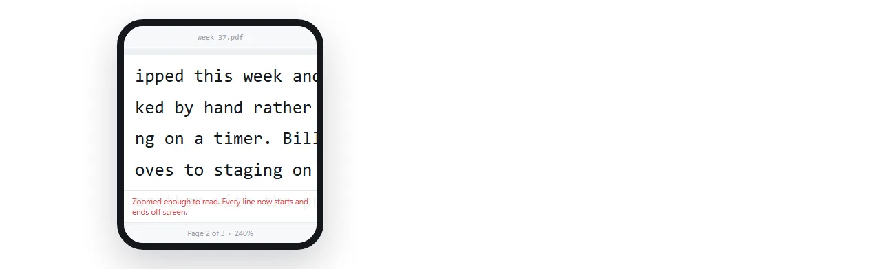 A PDF open on a phone, zoomed in so only part of a line of body text is visible.
