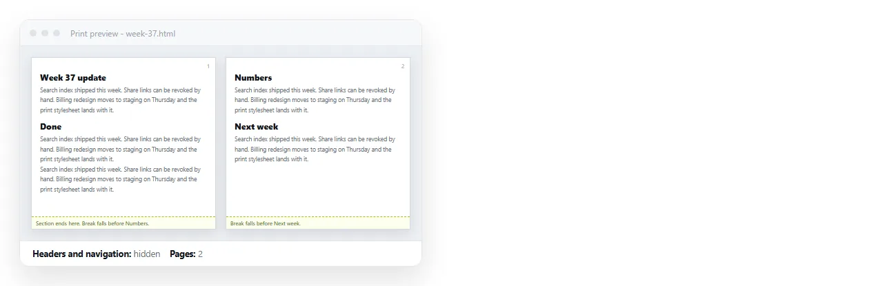 A browser print preview of an HTML page with navigation hidden and page breaks falling between sections.