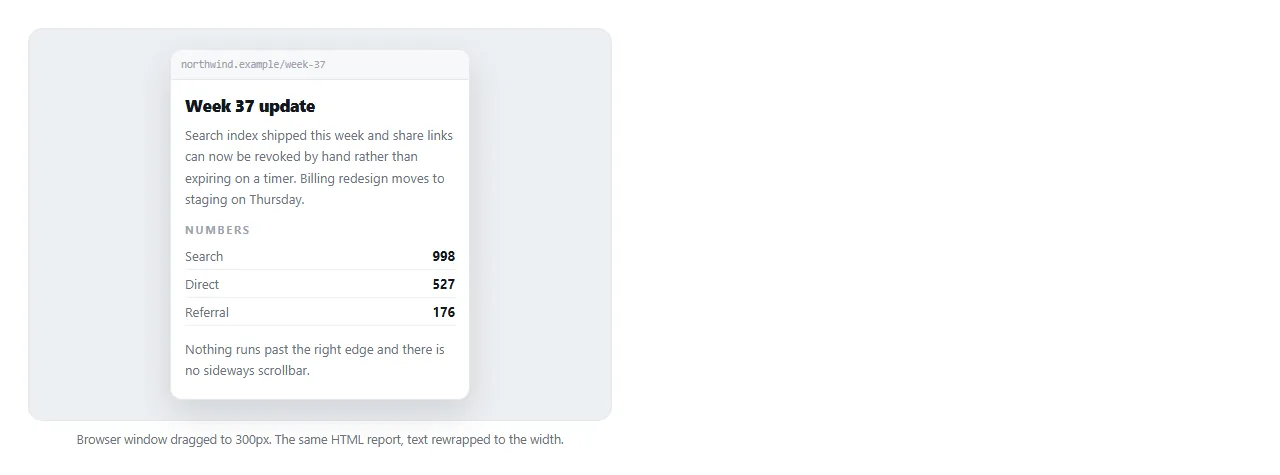 The same report as an HTML page on a narrow window, text reflowed to the screen width.
