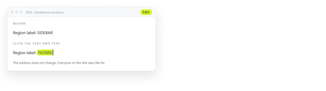 A region label being changed by clicking the text in the document.