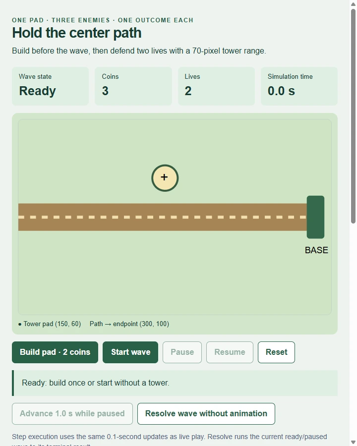One Pad Defense — Implement path progress, target eligibility, cooldown and one-time kill/leak reconciliation in a playable local prototype.