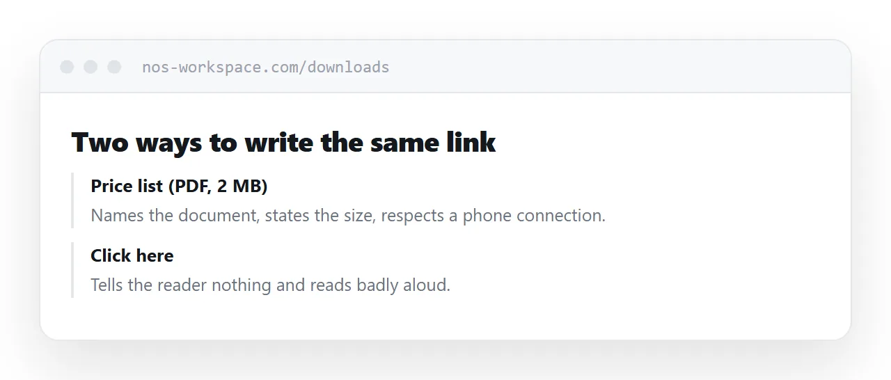 Link text naming the document and its size, next to a vague "click here" for comparison.